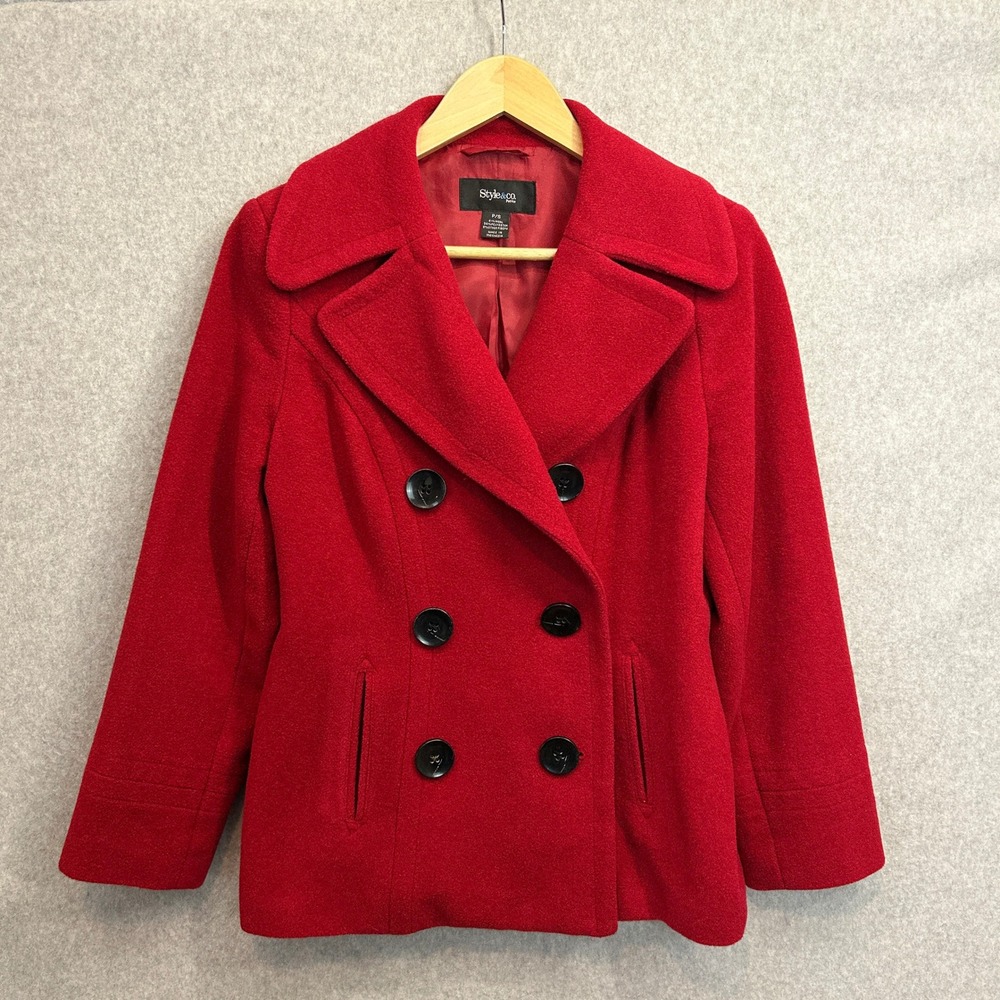 Style & Co Pea Coat Red Wool Blend Double Breasted Petite Women P/S